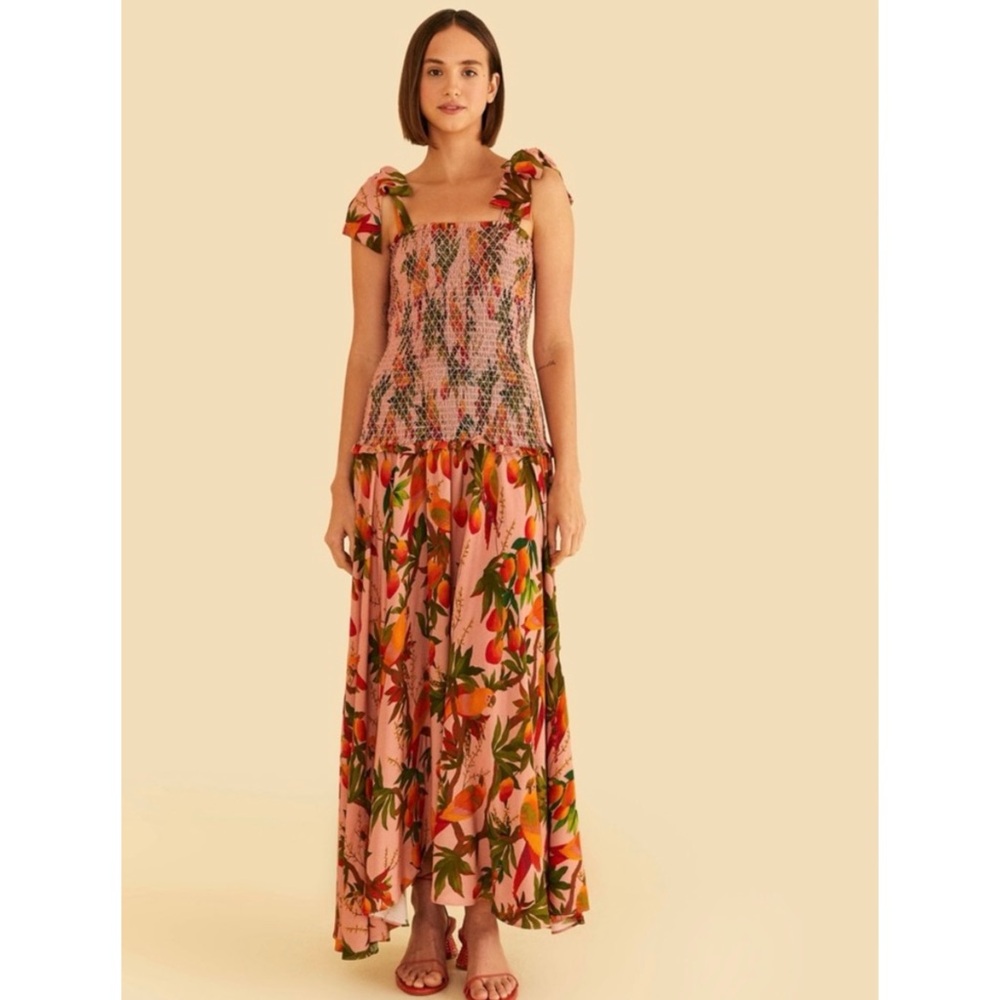 NEW FARM Rio Pink and Orange Floral Smocked Bodice Dress